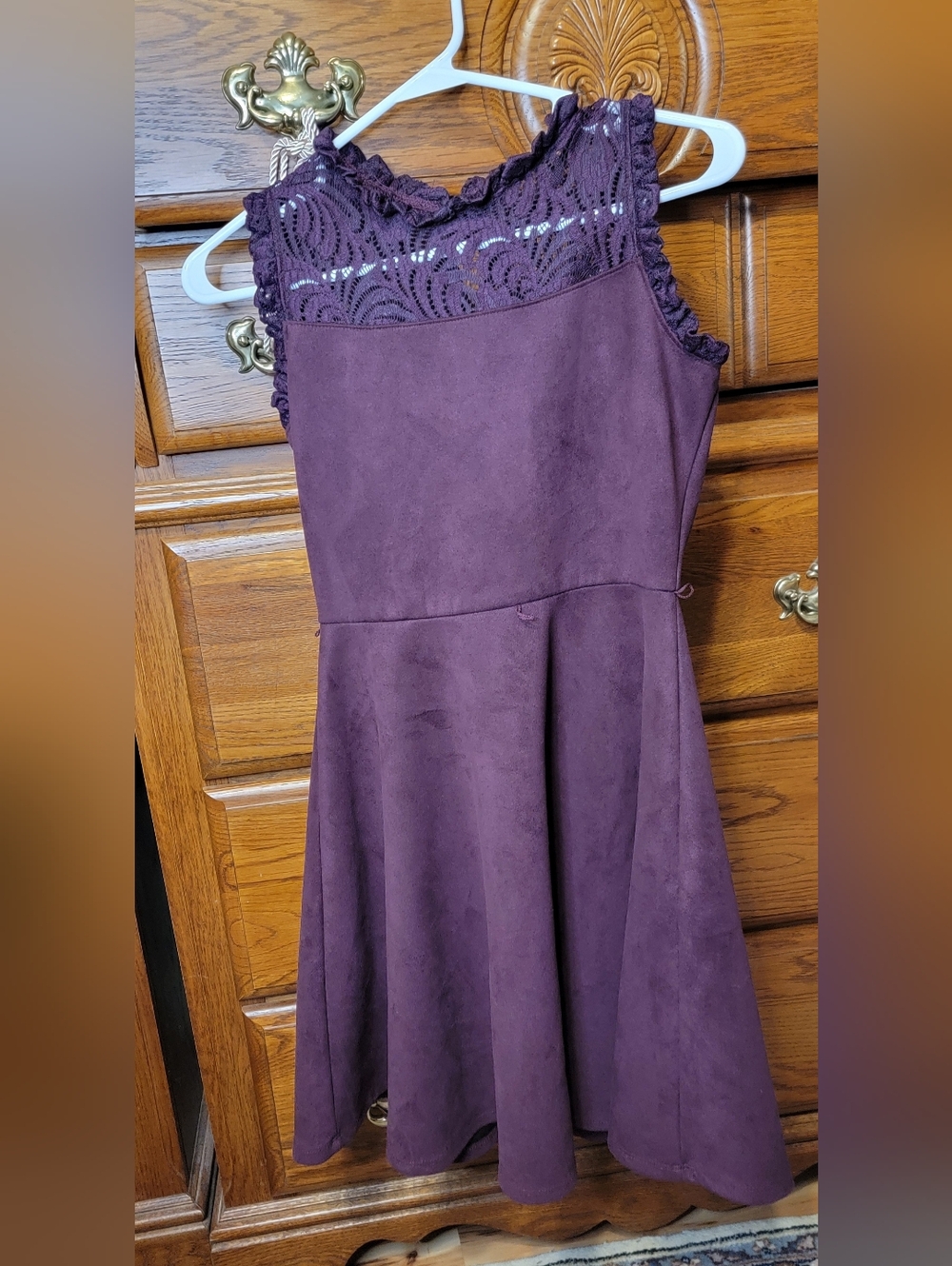 Rare Editions Girl's Purple Lace Yoke Suede-Look Fit & Flare Dress Size 16